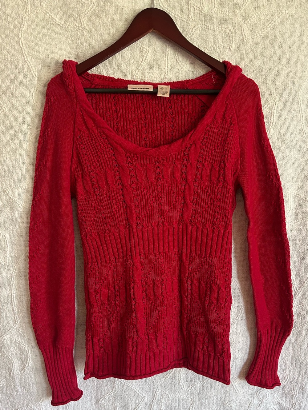 DKNY Women's Red Cable Knit Scoop Neck Sweater